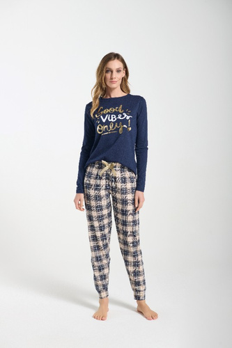 Bessy Dámské pyžamo Sorbetto navy blue - žerzej, zlatý potisk, kostkované kalhoty