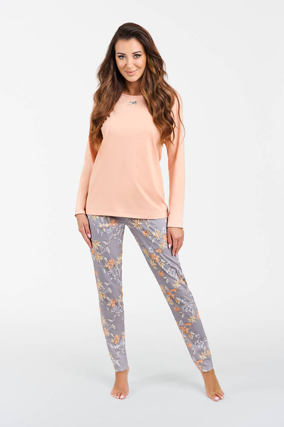 Kasali Dámské pyžamo a kalhoty s dlouhým rukávem Italian Fashion - lososová/potisk