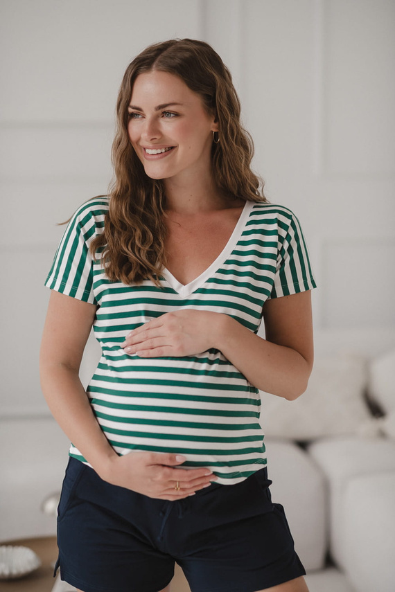 Těhotenská a kojící halenka na dva způsoby | Krátký rukáv, pohodlné zelené a bílé pruhy Milk&Love