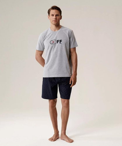 Pánské pyžamo NMP-395 - šedomodré, bavlněné, s krátkým rukávem, lehké a pohodlné na léto