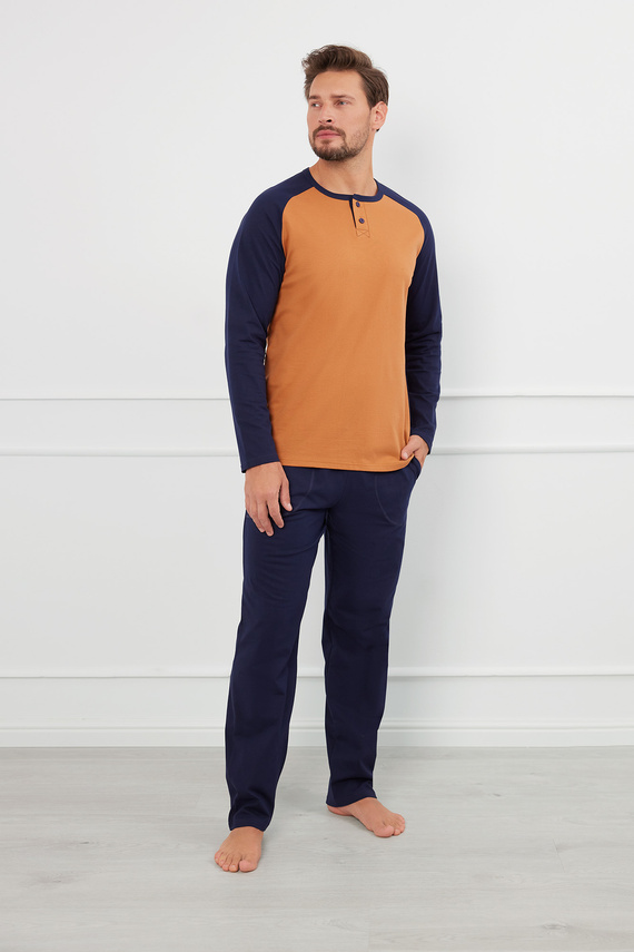 Alexander Pánské pyžamo s dlouhým rukávem a dlouhými kalhotami Italian Fashion - cognac/grenade