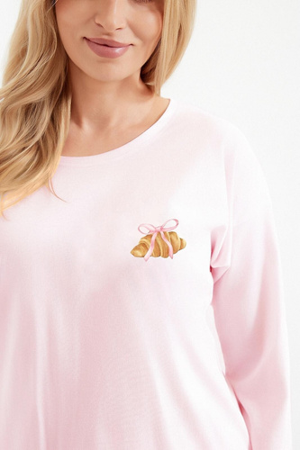 Dámské pyžamo Taro Tori 3510, růžové, bavlněné, s potiskem croissantu, dlouhé, se 7/8 nohavicemi