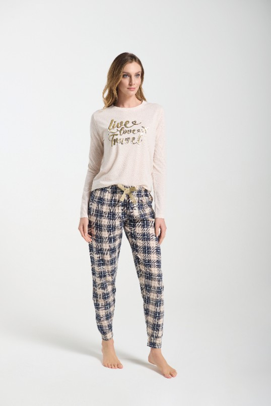 Bessy Dámské pyžamo Sorbetto beige - žerzej, zlatý potisk, kostkované kalhoty