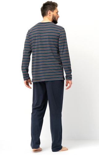 MNS 315 Pánské hnědé pyžamo Key - bavlna, pruhovaný top a hladké kalhoty