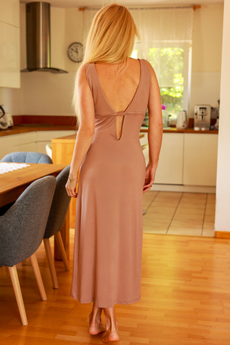 Senai Šaty Mirale - Dlouhé viskózové šaty s véčkovým výstřihem vpředu i vzadu | Polská výroba - latte
