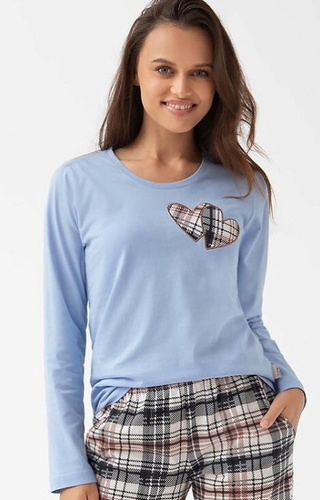 322 Luna blue - dámské bavlněné pyžamo, srdíčka, dlouhý rukáv, kostkované kalhoty