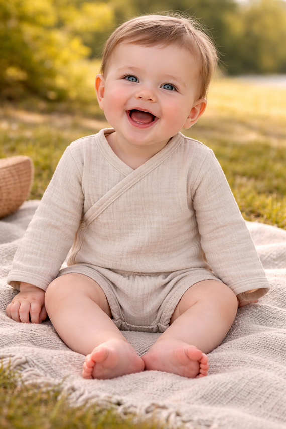 Mušelínové body Just Muslin 03235BE Makoma béžová - dlouhý rukáv, obálkové zapínání, 100% bavlna