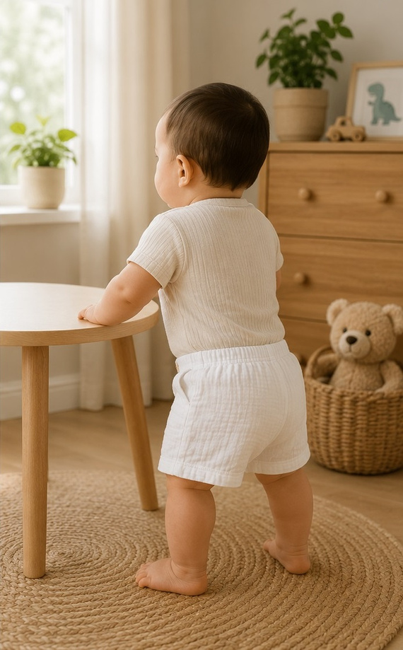 SZ55308 Mamatti modré mušelínové kraťasy s kapsami a knoflíky na léto
