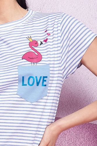 Oxksana Modrá noční košile - 100% bavlna, pruhy a volánky