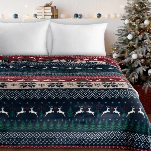 Eurofirany Vánoční deka námořnická modř červená se skandinávským vzorem - měkký přehoz z mikrovlákna, 240 g/m²