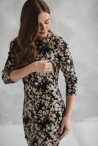 Milky Classic Sukienka do karmienia Milk&Love rękaw 3/4 czarna w kwiatuszki