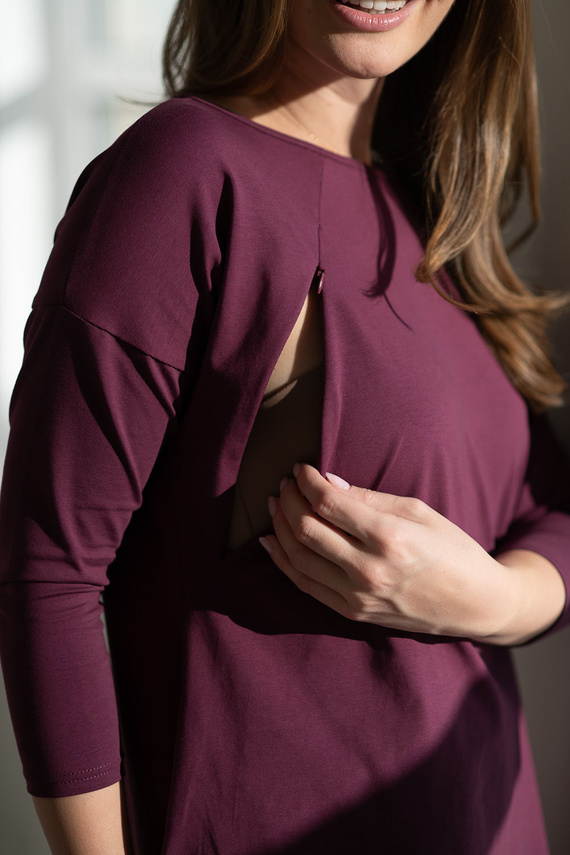 Mommy Těhotenská a kojící tunika Mauve Wine Milk&Love - oversize halenka se skrytými zipy, Oeko-Tex bavlna