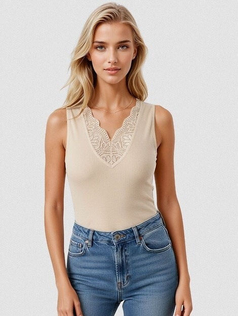 Dámský top Ovena Eldar z měkké viskózy s žebrováním a krajkovým V výstřihem