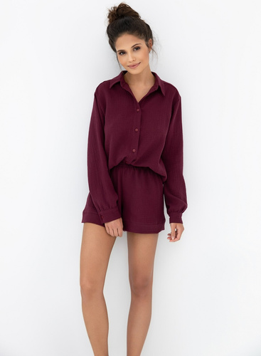 Dámské pyžamo Ivory Sensis burgundy - mušelínová bavlna, dlouhý rukáv, zapínání na knoflíky