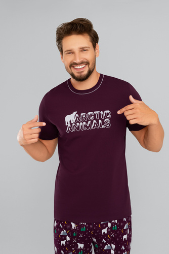 Manfred Pánské pyžamo s krátkým rukávem, dlouhé kalhoty Italian Fashion- bordó/print bordó