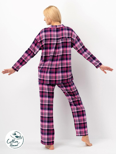 Dámské pyžamo Key LNS 490 fuchsiový bavlněný flanel, dlouhý rukáv, knoflíky