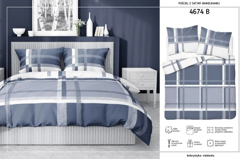 4674 B Home Satin Pościel satynowa krata Detexpol niebieski