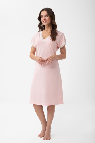 1004 Luna Bavlněná dámská noční košile s krajkou a V výstřihem