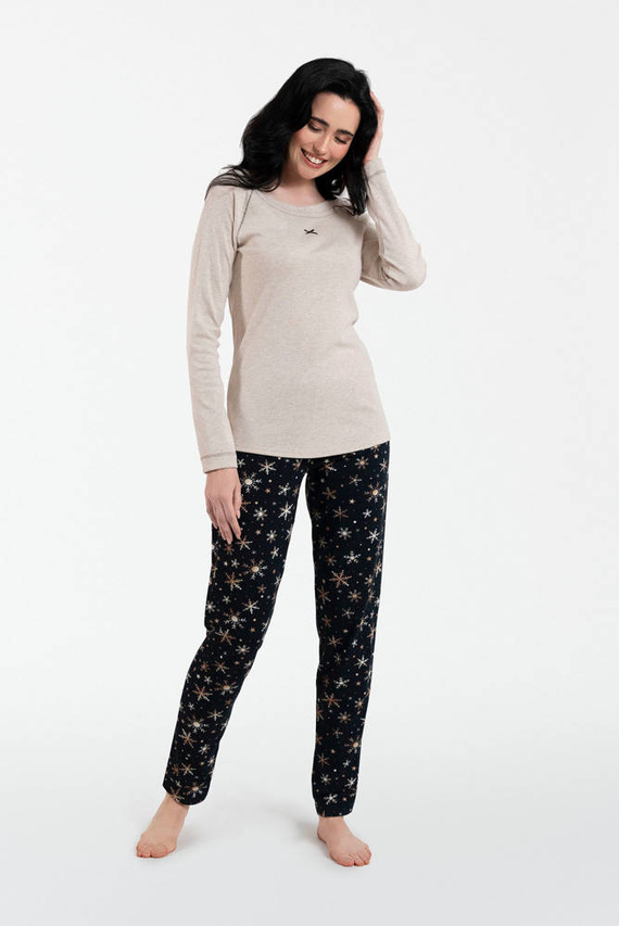 Denali Dámské pyžamo s dlouhým rukávem a dlouhými kalhotami Italian Fashion - béžová melanž/potisk