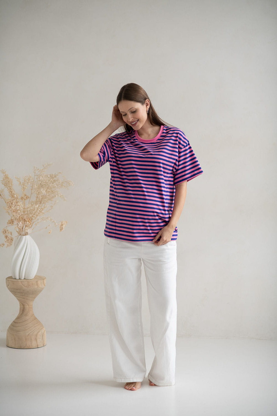 Mamahood Milk&Love růžové a modré pruhované těhotenské a kojící tričko - pohodlné a stylové