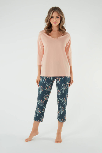 Julietta Dámské pyžamo 3/4 rukávy, 7/8 kalhoty Italská móda - lososová/potisk