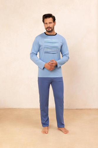 Regina 492 modrá - pánské bavlněné pyžamo s dlouhým rukávem, klasický střih
