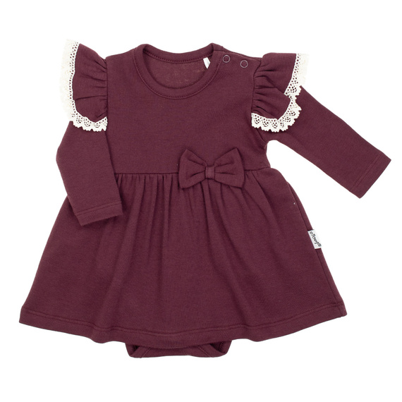 217160 Šaty Alisa Nicol - vínové, dlouhý rukáv, volánky a mašle