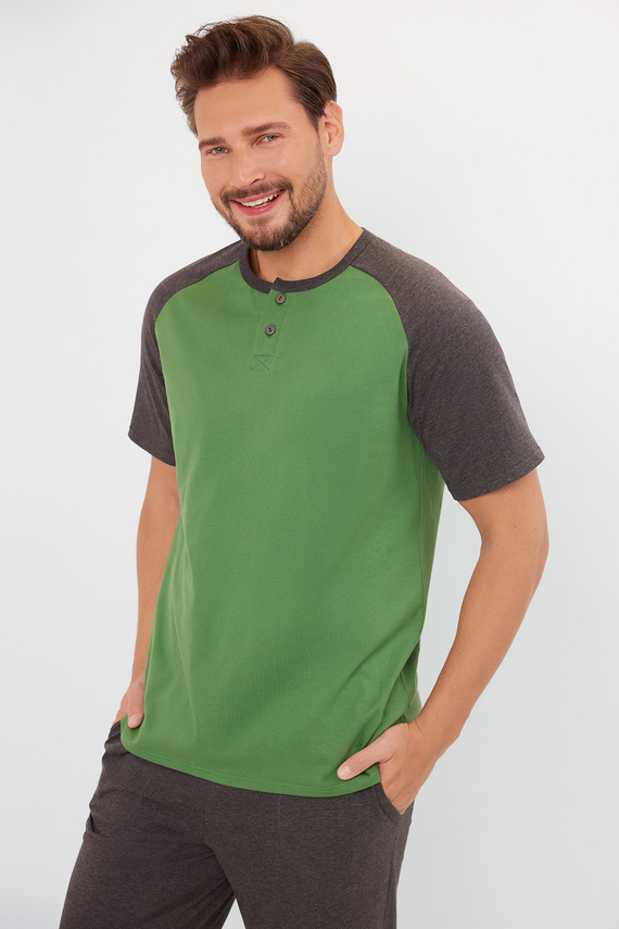 Alexander Pánské pyžamo s krátkým rukávem, dlouhé kalhoty Italská móda - zelená/c.melange