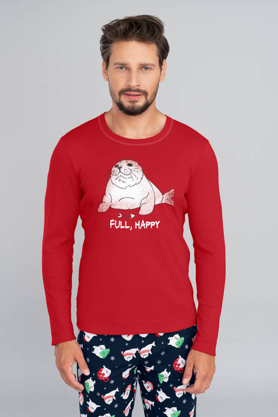 Pánské pyžamo s dlouhým rukávem, dlouhé kalhoty Italská móda - červená/potisk tmavě modrá