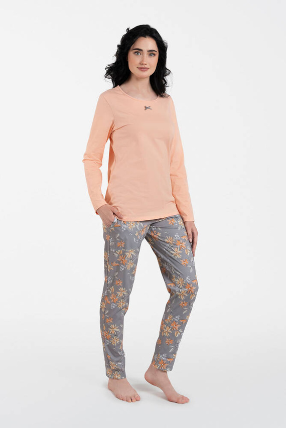 Kasali Dámské pyžamo a kalhoty s dlouhým rukávem Italian Fashion - lososová/potisk