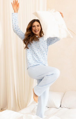 717 Dámské pyžamo Regina blue - teplá bavlna, dlouhý rukáv, květiny