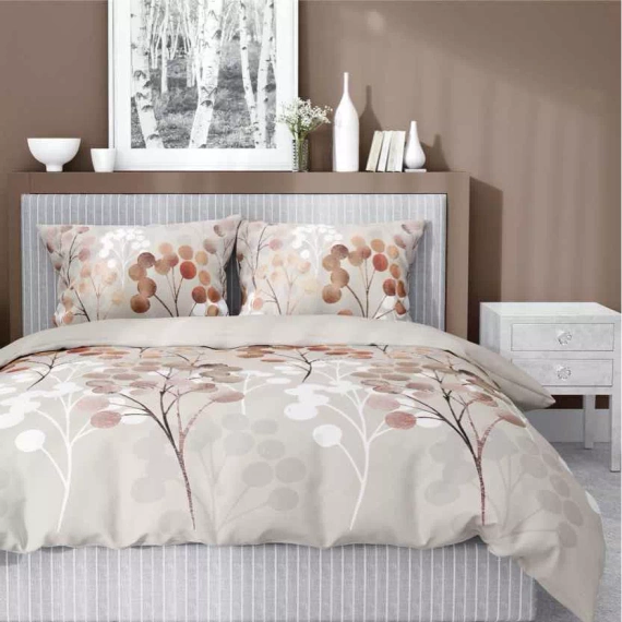 5223 A Pościel satynowa gałązki z okrągłymi liśćmi Detexpol beżowy