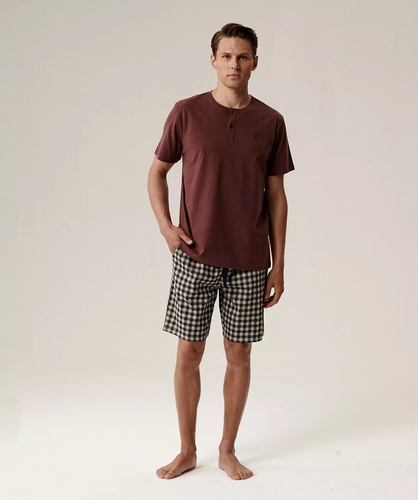 Pánské pyžamo NMP-397 - šedá vínová bavlna, krátký rukáv, lehké a pohodlné na léto