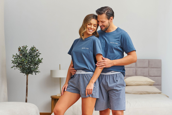 7424 Doctor Nap pánská bavlněná pyžama denim blue pruhované šortky