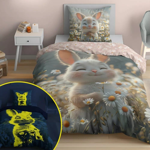 5548 A Fluo 95 Ložní povlečení svítící ve tmě zajíček v květinách 100% bavlna | Pro děti Detexpol