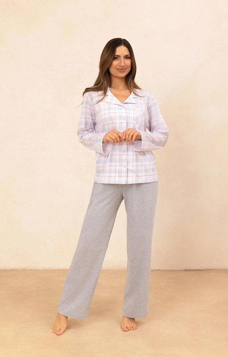 727 Dámské pyžamo Regina šedá - 100% bavlna, kostkovaná košile, zapínání na knoflíky
