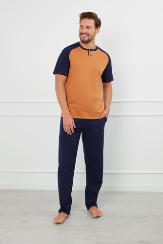 Alexander Pánské pyžamo s krátkým rukávem, dlouhé kalhoty Italian Fashion - koňaková/granátová