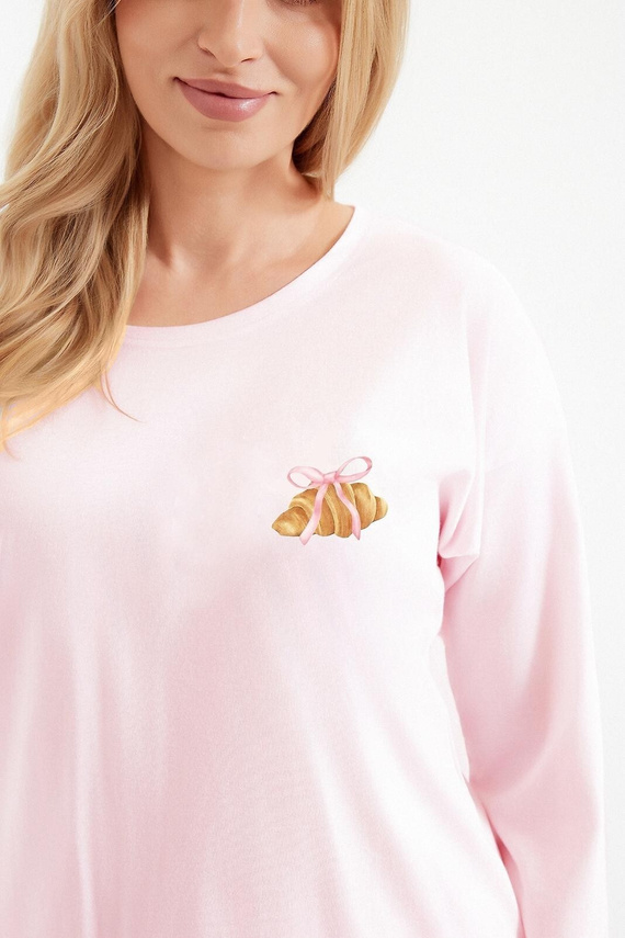 Dámské pyžamo Taro Tori 3510, růžové, bavlněné, s potiskem croissantu, dlouhé, se 7/8 nohavicemi