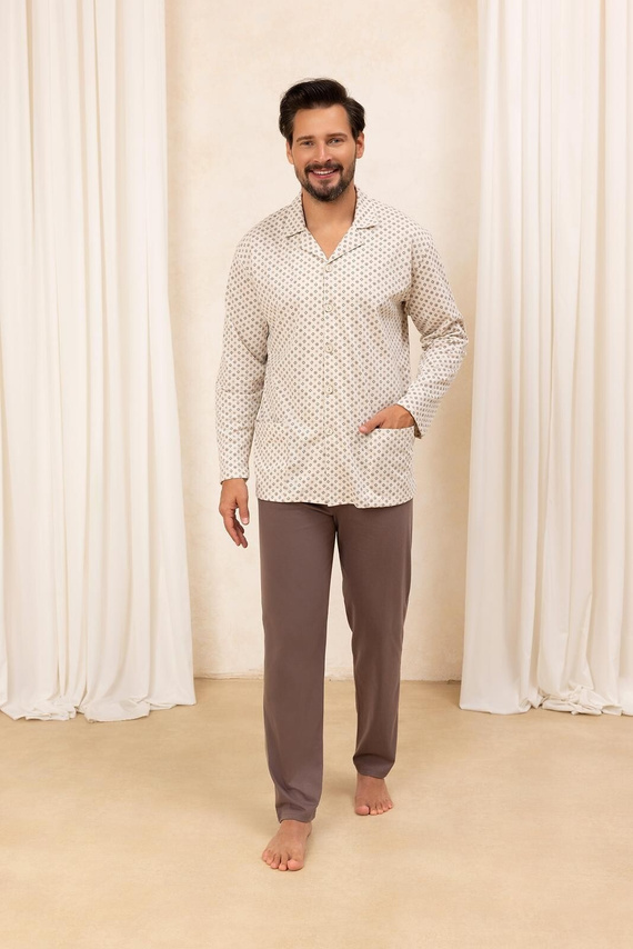 Pánské bavlněné pyžamo Regina 486 béžové - dlouhý rukáv, zapínání na knoflíky, klasický střih