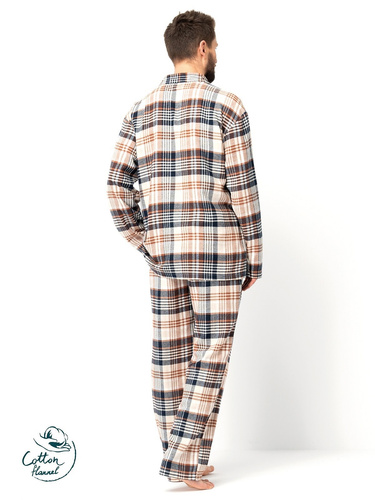 Pánské pyžamo Key MNS 443 hnědé - bavlněný flanel, dlouhý rukáv, zapínání na knoflíky