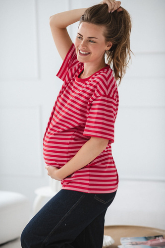 Mamahood Těhotenské a kojící tričko Milk&Love červeno-růžové pruhy - pohodlné a stylové