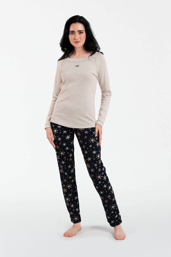 Denali Dámské pyžamo s dlouhým rukávem a dlouhými kalhotami Italian Fashion - béžová melanž/potisk