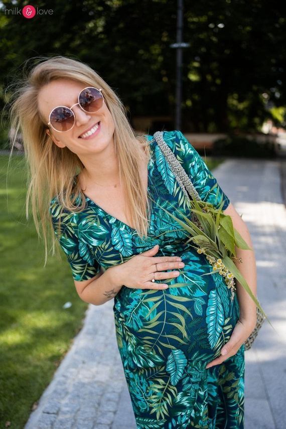 Sukienka ciążowa i do karmienia Two Ways LONG Milk&Love miętowa w magnolie i ptaki