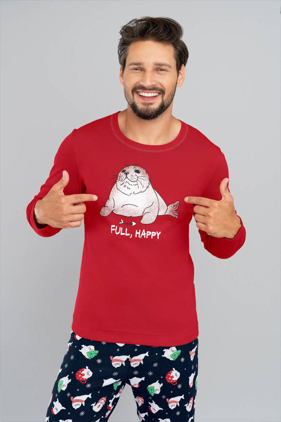 Pánské pyžamo s dlouhým rukávem, dlouhé kalhoty Italská móda - červená/potisk tmavě modrá