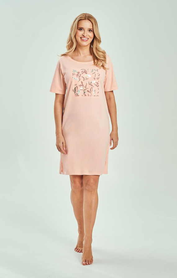 Dámská noční košile 3554 Valentina Taro apricot - 100% bavlna, potisk, krátký rukáv, pohodlná a prodyšná