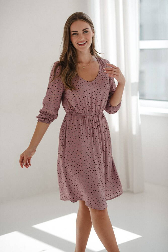 Lovely Dress sukienka ciążowa i do karmienia rękaw 3/4 Milk&Love liliowa w czarne groszki