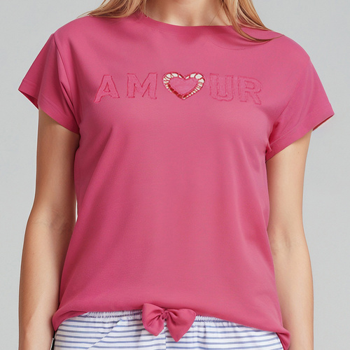 Juliana Sorbetto růžová - dámské pyžamo 100% bavlna, s výšivkou a dlouhými pruhovanými kalhotami