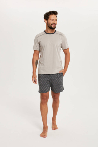 Abel Pánské pyžamo s krátkým rukávem, šortky Italian Fashion - béžová/potisk