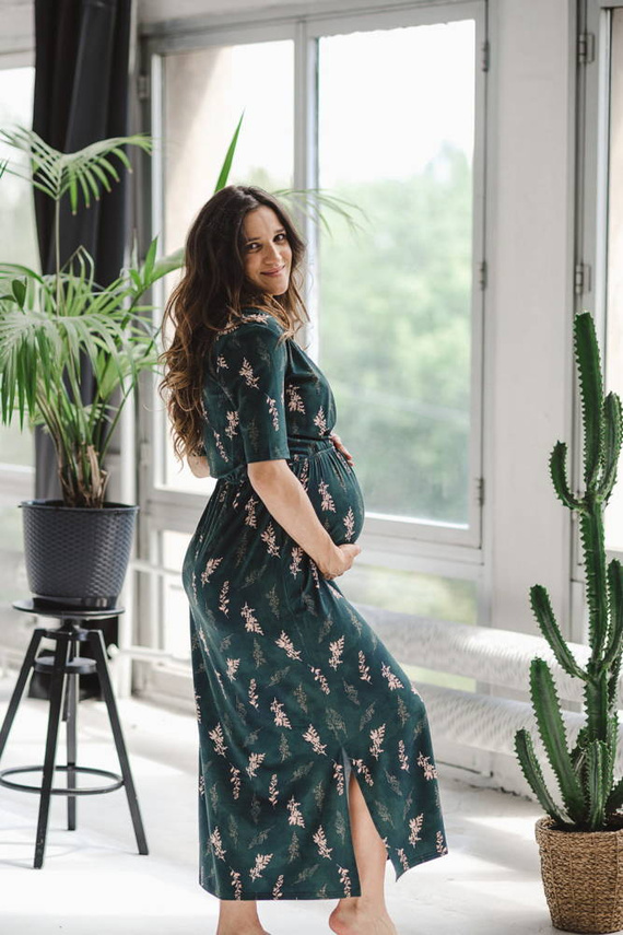 Sukienka ciążowa i do karmienia Two Ways LONG Milk&Love butelkowa zieleń w gałązki