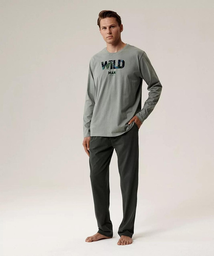 Pánské pyžamo NMP-392 Atlantic - zelená/khaki bavlna, dlouhý rukáv, stylový komplet pro chladné noci